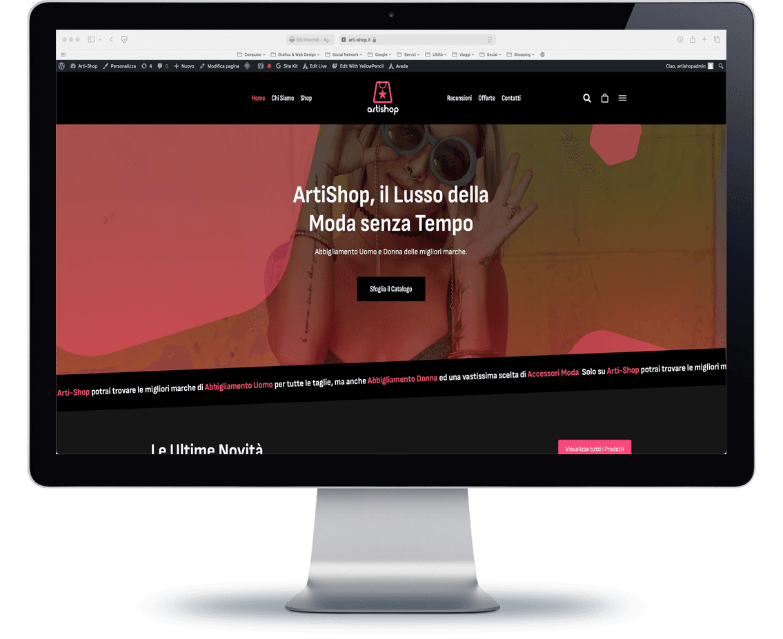 Screenshot del sito web Arti-Shop, progettato da Juri Web Design, che mostra un design moderno e funzionale per un’elegante boutique online di abbigliamento e accessori di alta moda.