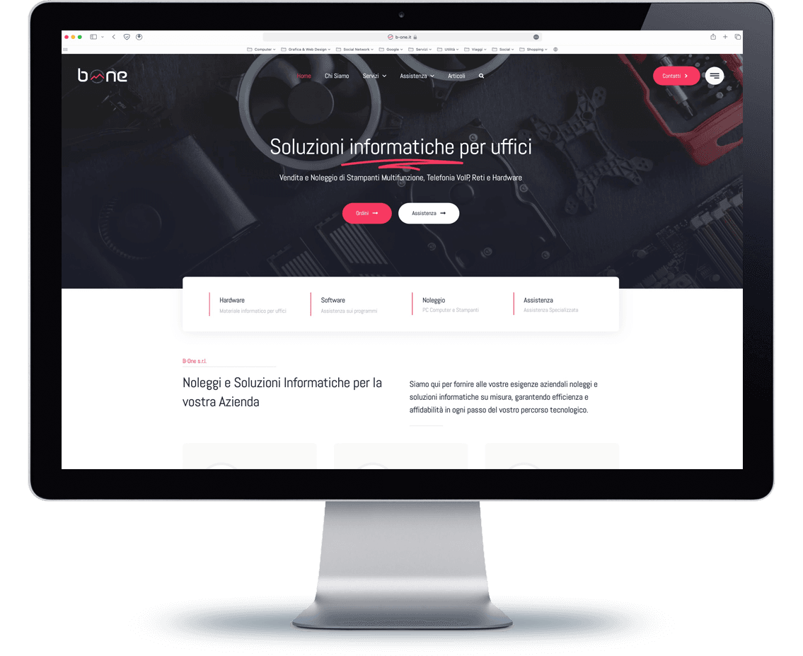 Screenshot del sito web B-One, progettato da Juri Web Design, che mostra un design moderno e funzionale per un’azienda specializzata in soluzioni innovative nel settore della tecnologia.