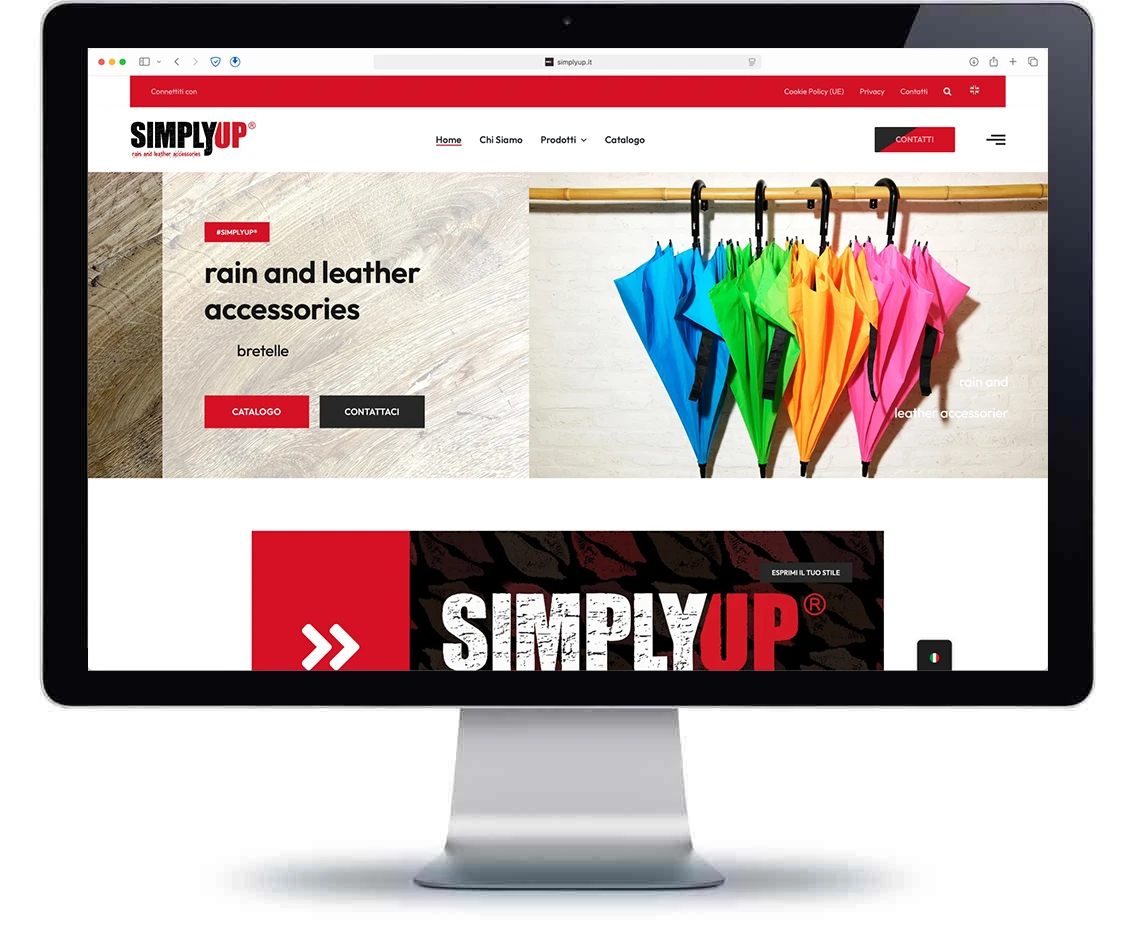 Screenshot del sito web SimplyUp creato da Juri Web Design, che mostra un design elegante e funzionale per la vendita di accessori moda.