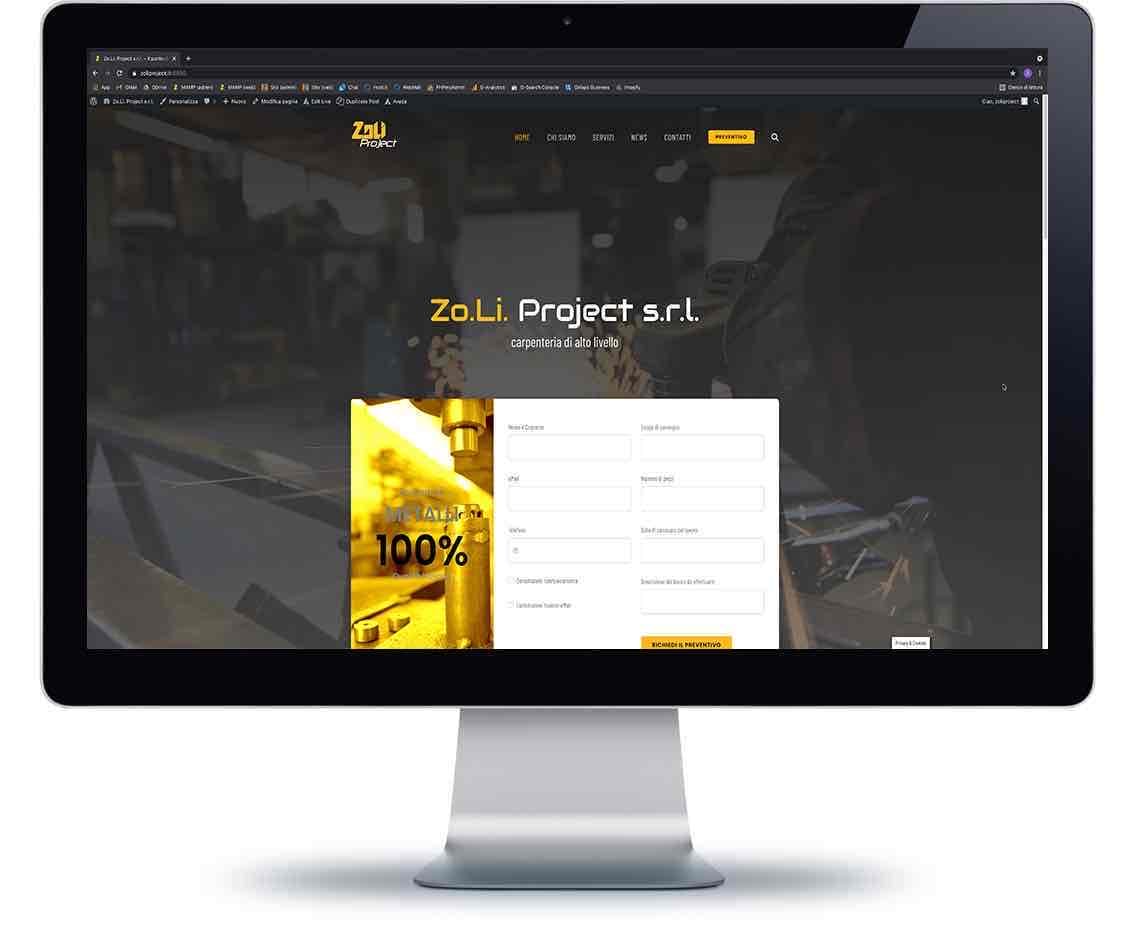 Screenshot del sito web Zo.Li. Project creato da Juri Web Design, che mostra un design moderno e funzionale per una carpenteria metallica specializzata in lavorazioni personalizzate.